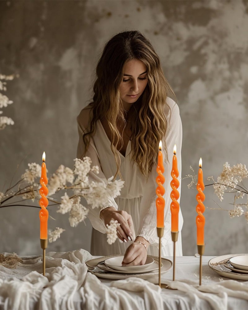 LPUSA Orange Spiral Taper Candles Halloween Decorations Candle Conical Stick Candles for Holiday Wedding Party Wax Unscented Dinner Candle Dripless,H 10 Inch,4pcs（Orange-B） - Image 2